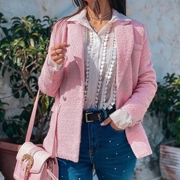 Classic Pink Tweed Double Breasted Blazer Chic Classy - Picture 3 of 14